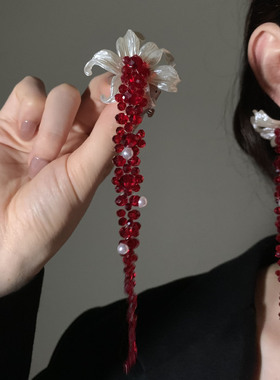 复古鸢尾花红色串珠项链耳环女颈链小众高级感流苏锁骨链耳钉配饰