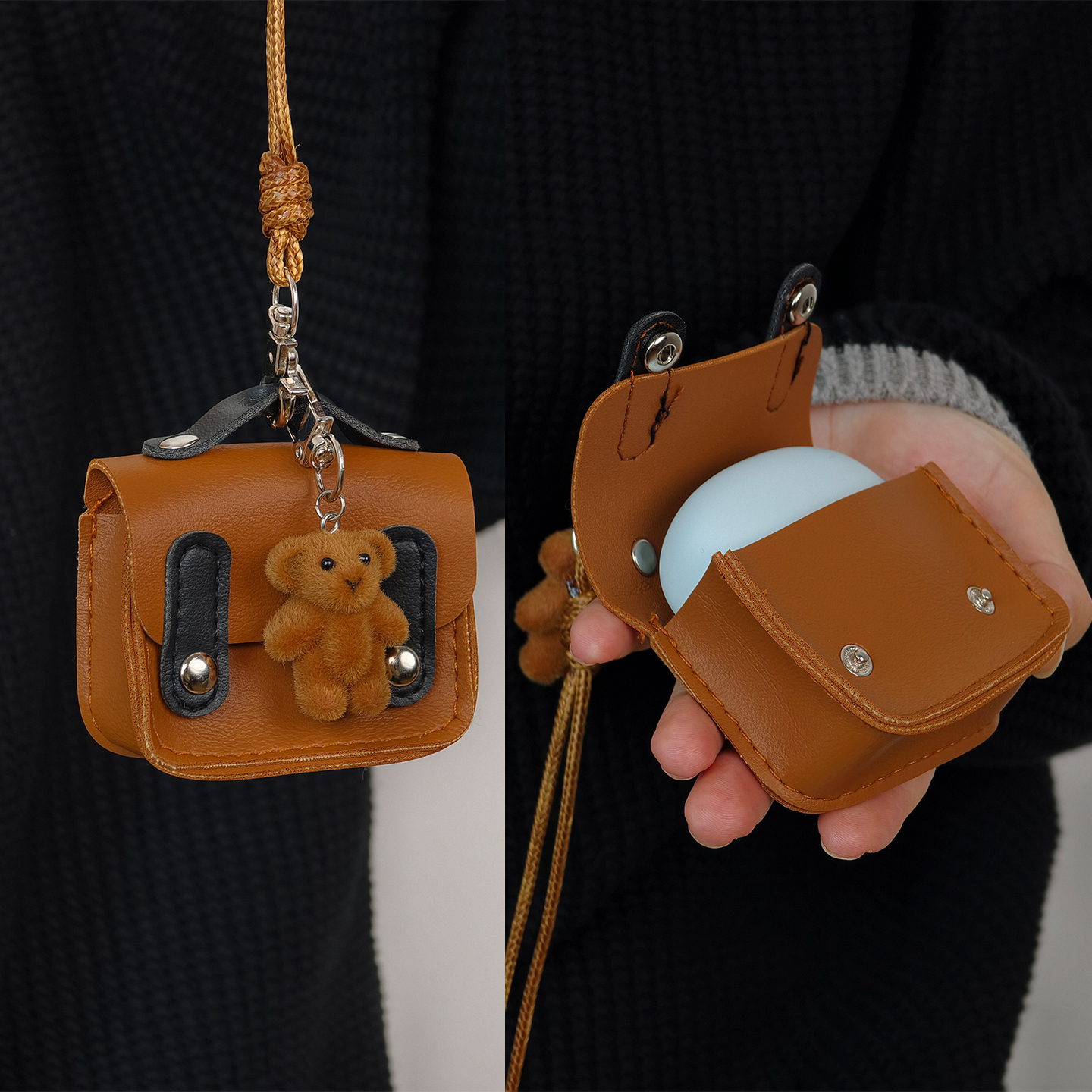 秋冬新款耳机包韩系美拉德小熊包包挂件吊坠项链长款毛衣链编织绳