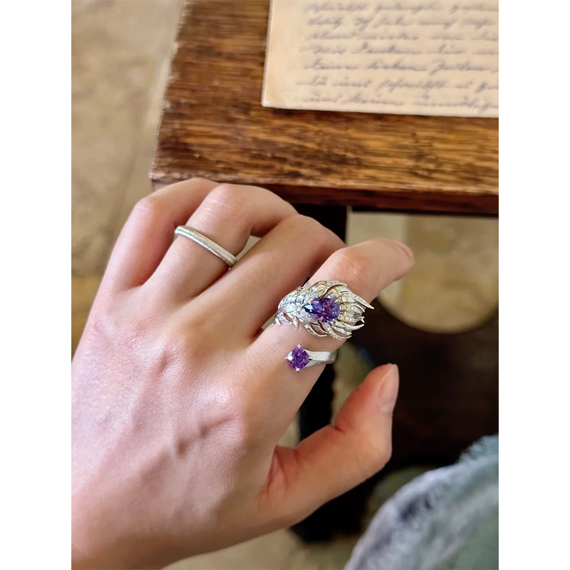 中古风紫色闪钻羽毛戒指vintage轻奢感气质独特尾戒食指指环新款