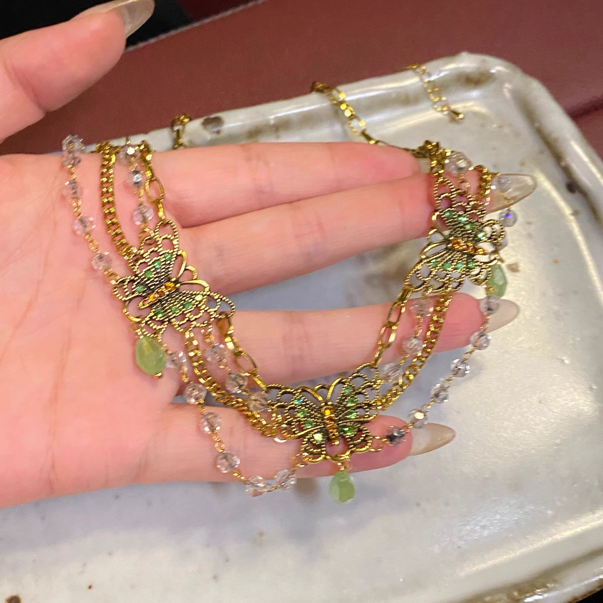 新中式镶钻绿色蝴蝶项链女高级感宫廷风多层流苏锁骨链小众颈链