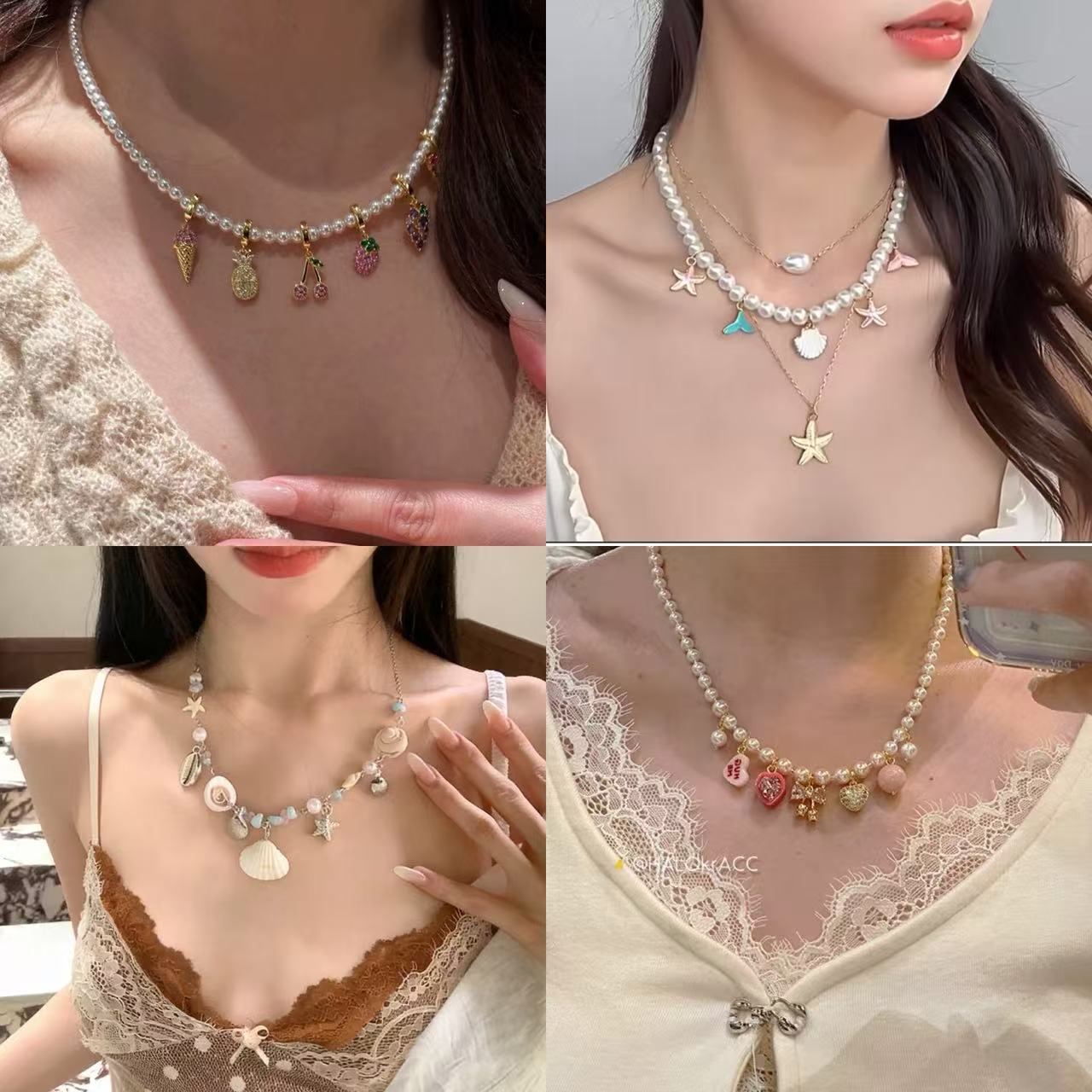 法式复古巴洛克珍珠项链耳环女轻奢甜美粉色爱心蝴蝶结吊坠锁骨链