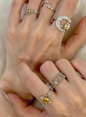 超闪不规则月牙戒指女小众设计气质轻奢镂空八芒星食指戒ins时尚