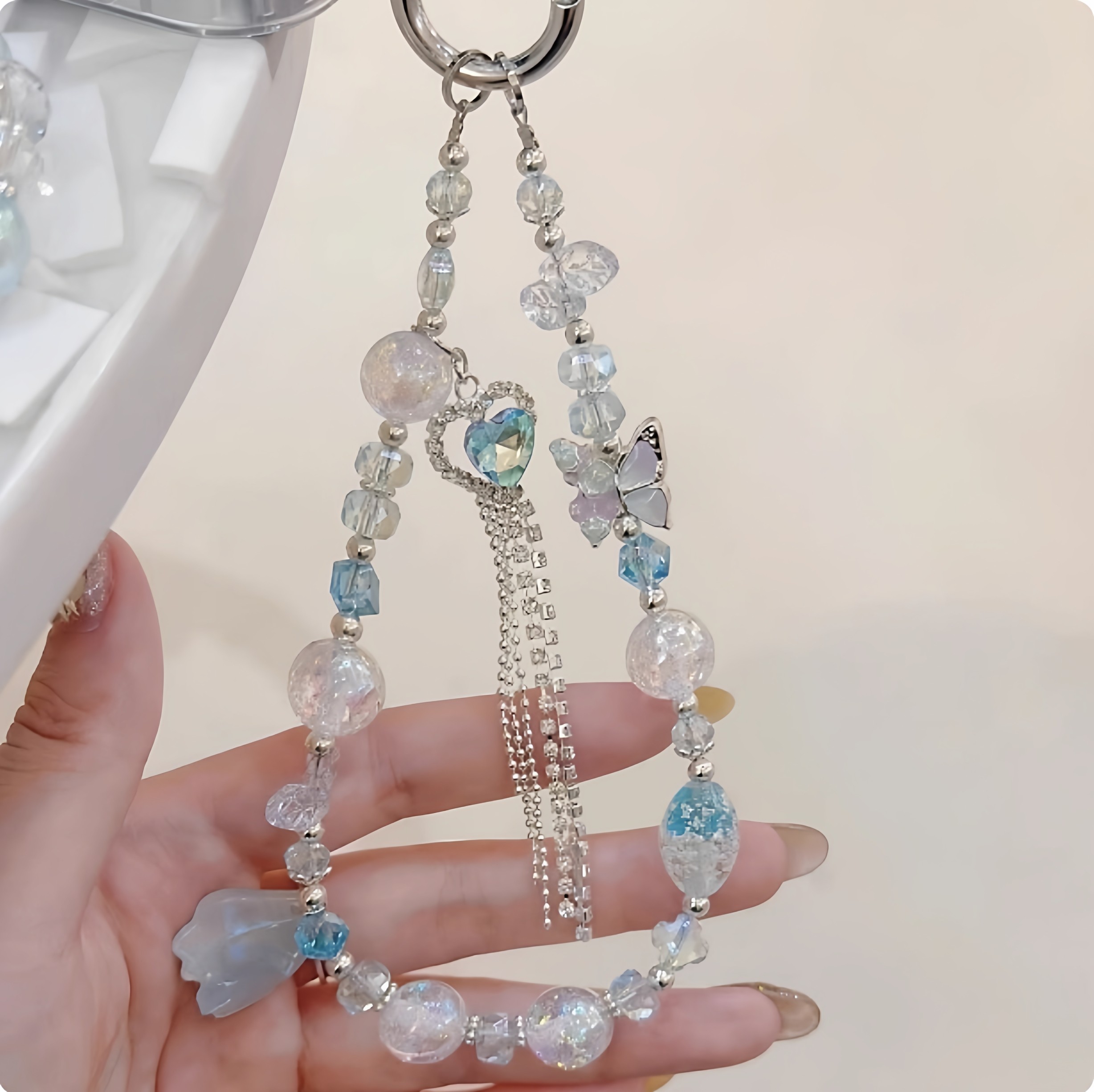 轻奢手机链女蓝色海洋串珠水晶挂链手腕式挂绳挂饰防丢高级感链条