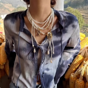 天使女王复古多层叠带珍珠流苏项链女甜酷轻奢毛衣链小众设计颈链