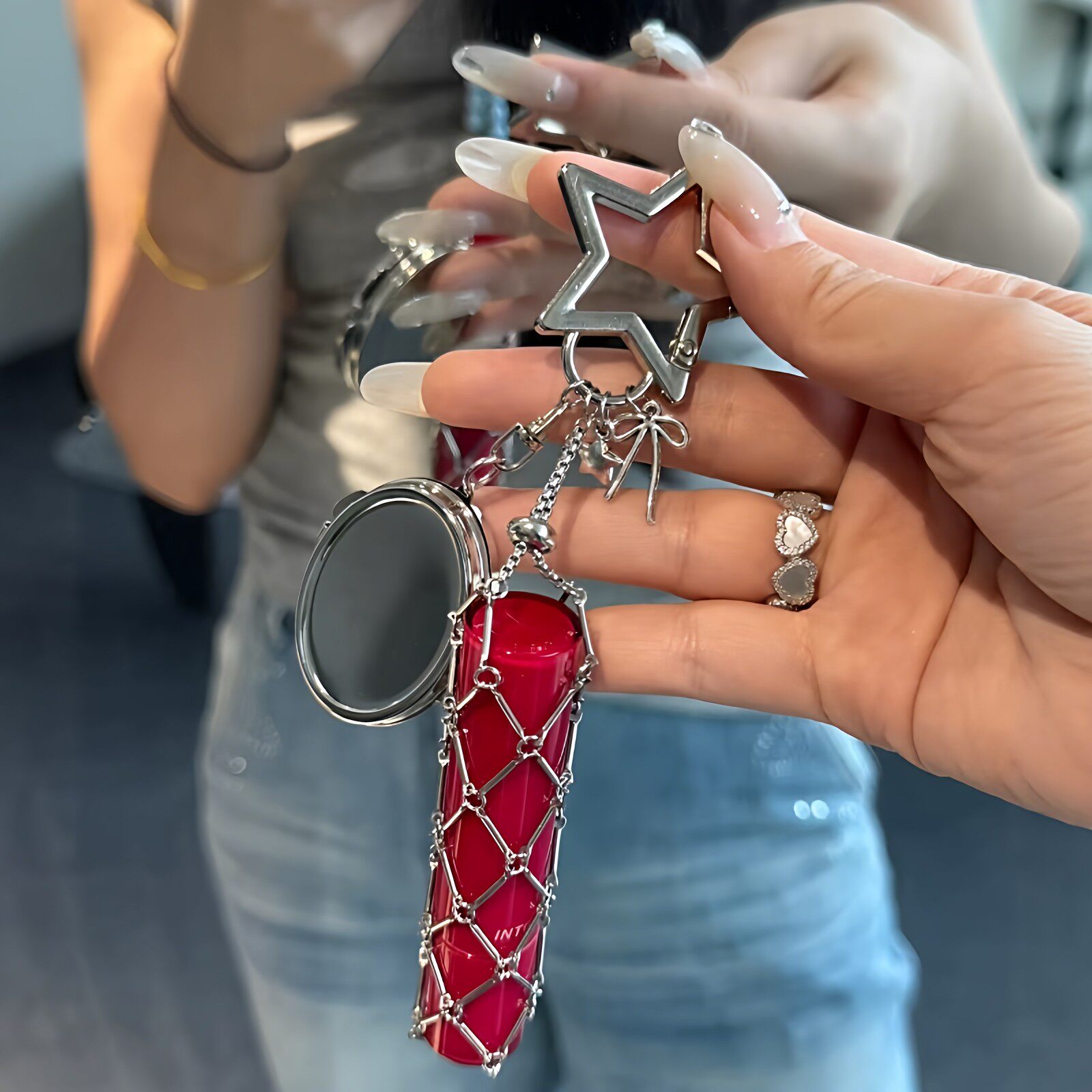 韩系金属链条包包挂件高级感口红护手霜收纳网兜化妆镜钥匙扣吊坠