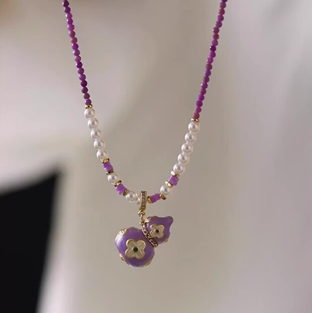 中国风紫色葫芦长款珍珠项链女生小众高级感天然石串珠彩色锁骨链