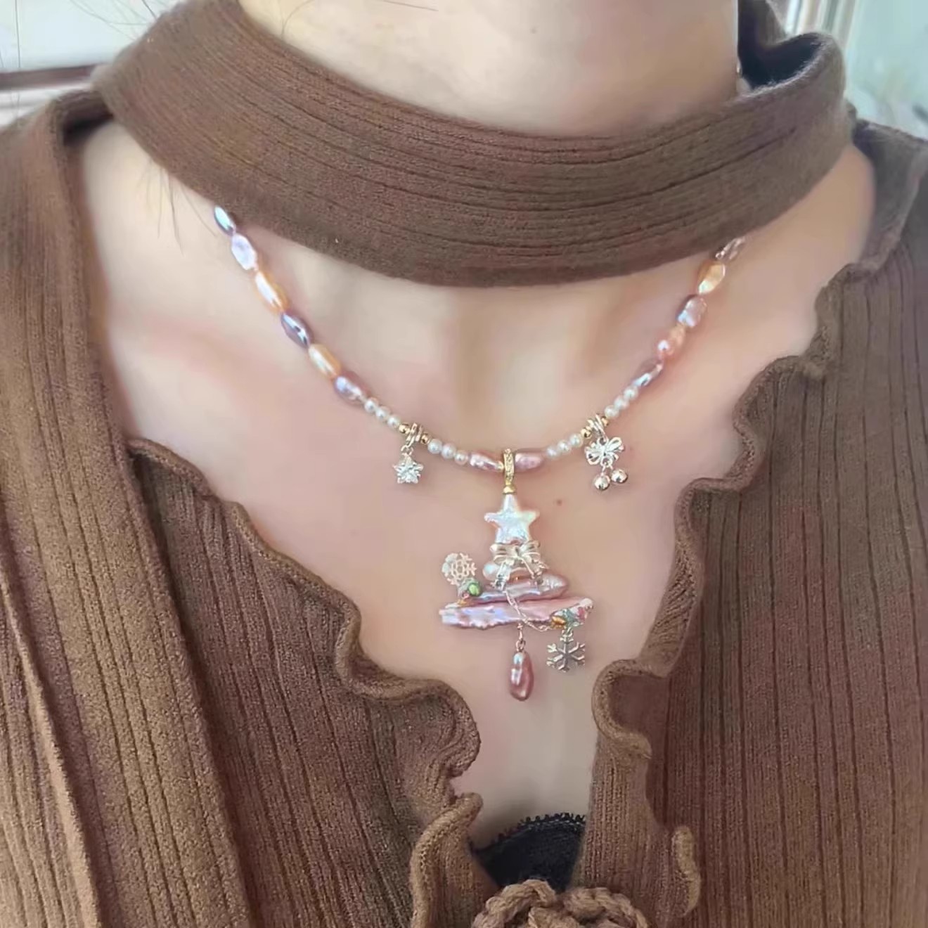 秋季甜美精致小众设计圣诞仿珍珠项链日韩轻奢百搭氛围礼物吊坠