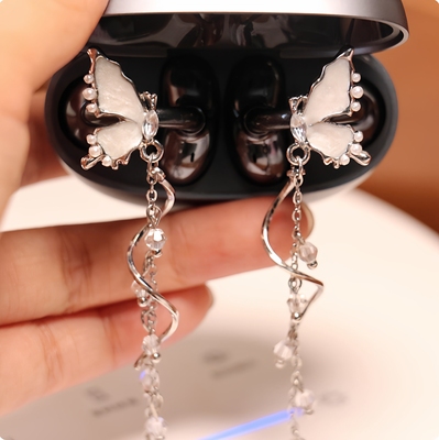 适用于freeclip耳机钻扣仿珍珠蝴蝶流苏耳夹扣小众高级感耳饰配饰