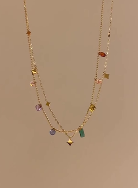 「彩虹假日」多巴胺春夏项链设计感彩色碎钻四芒星爱心叠戴锁骨链