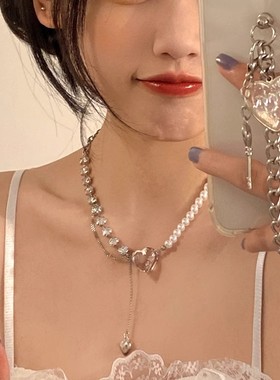 珍珠爱心拼接毛衣项链