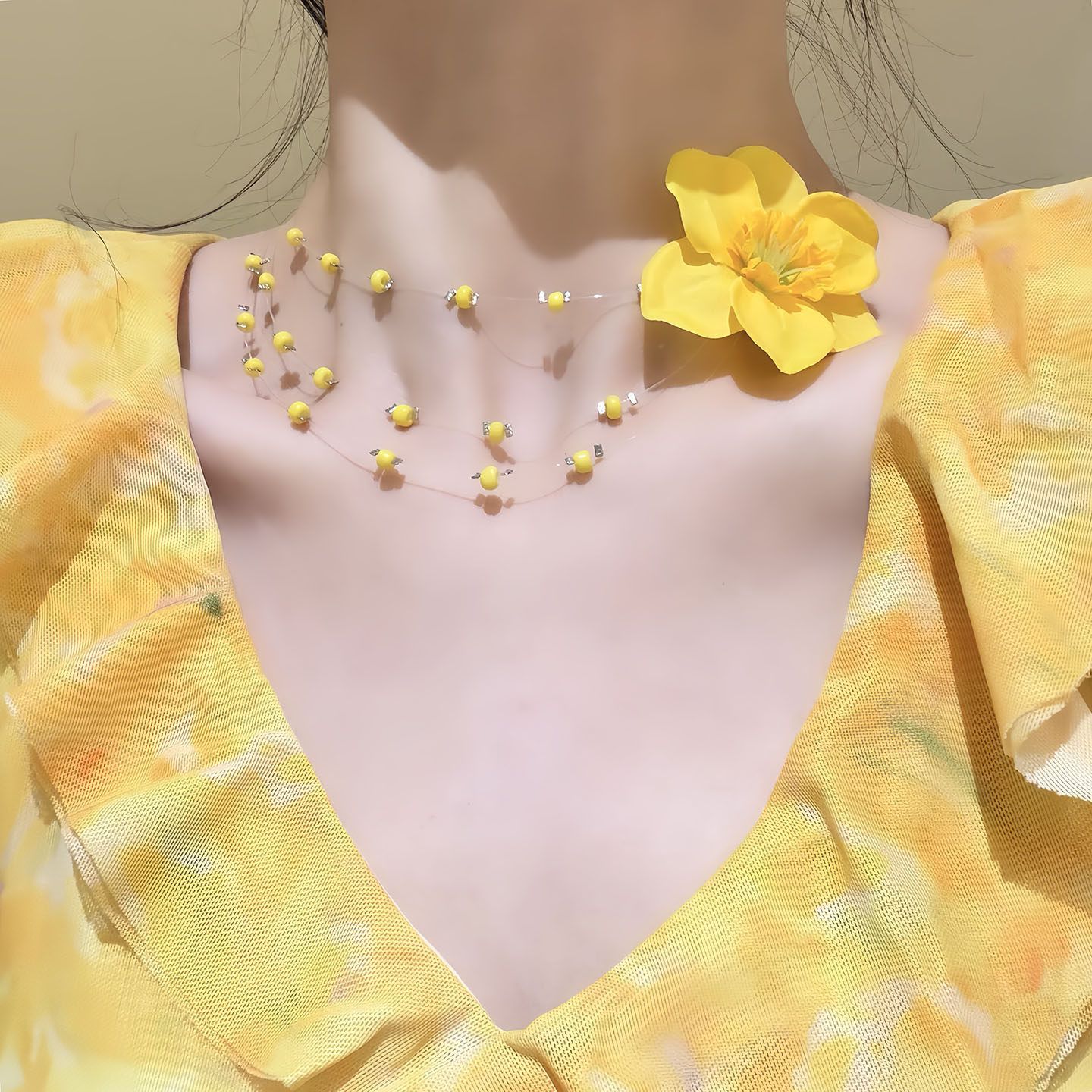 春夏季纯欲风黄色花朵项链锁骨链女春日甜美明媚choker高级感颈链