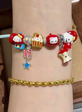 原创diy滴油合金串珠beads手链苹果图案KT猫帕恰狗手串红色手绳女