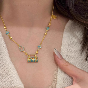 新中式古法珐琅平安锁同心锁项链吊坠女轻奢小众锁骨链颈链送礼物