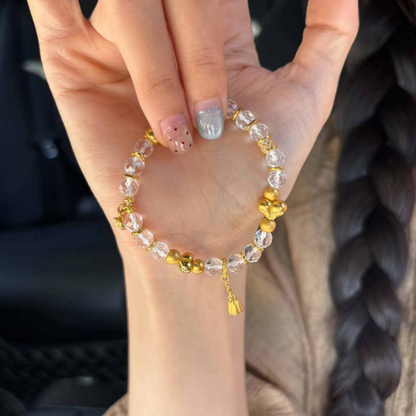 星星月亮屁桃心吊坠手链女2026新款中式手串白水晶跑环爱心形手饰