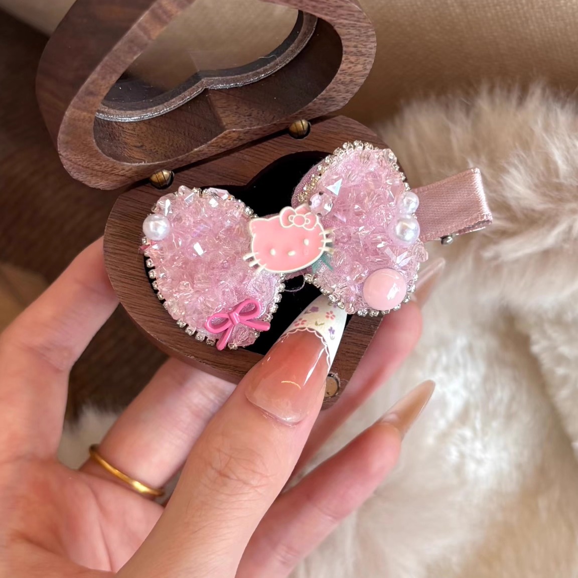 韩国重工粉色水晶kt猫发夹可爱少女心刘海碎发边夹鸭嘴夹子头饰女