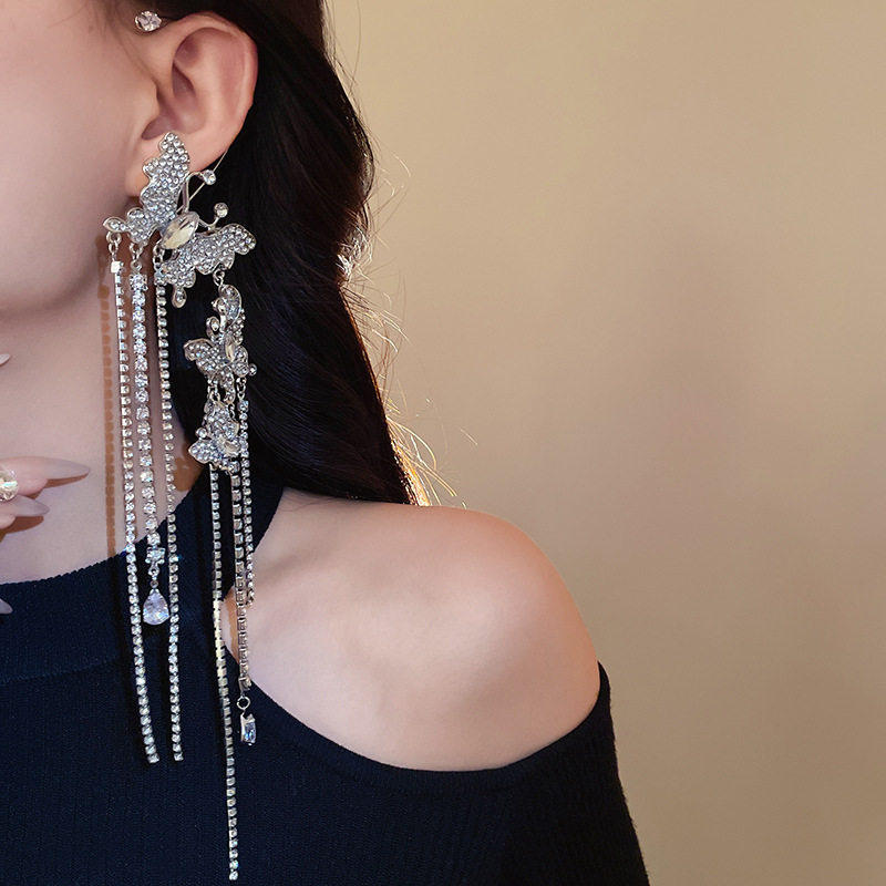 甜美超闪水钻蝴蝶流苏长款无耳洞耳挂名媛优雅淑女气质轻奢耳饰女