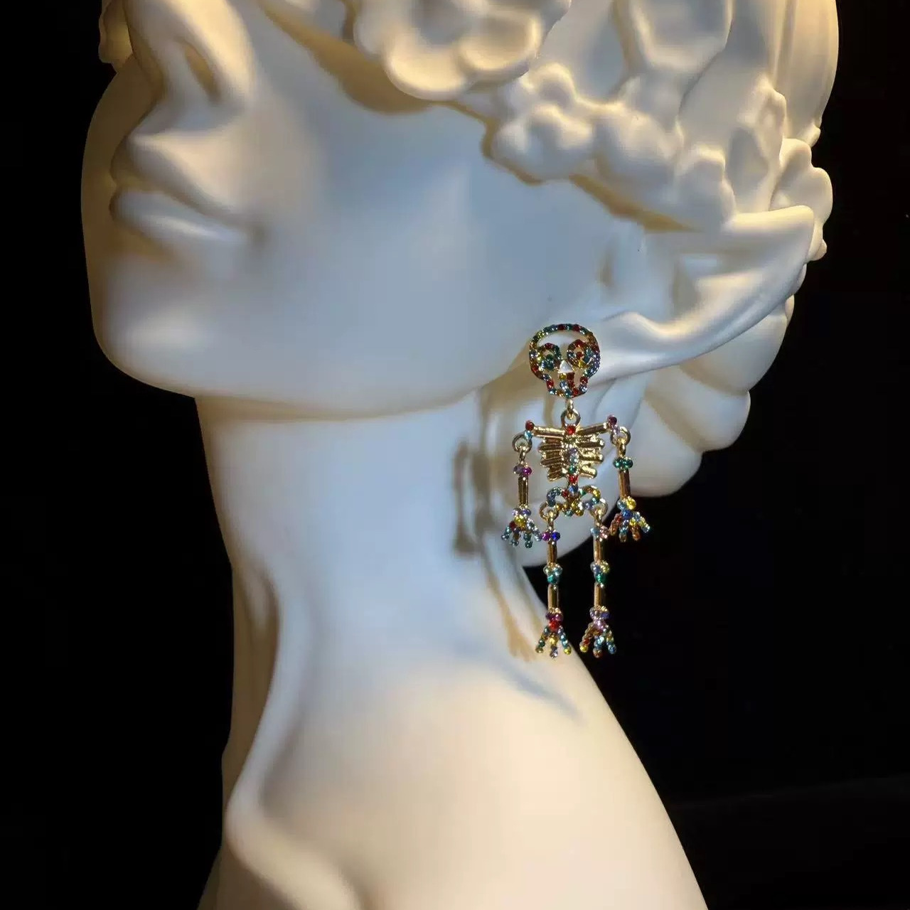 欧美时尚创意夸张骨架骷髅耳饰合金镶钻镶珍珠款个性搞怪高级感