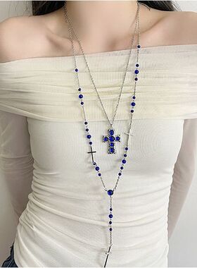 早秋y2k哥特风蓝色长款叠戴十字架项链个性时尚朋克潮流锁骨链潮