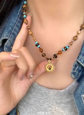 中古太阳项链手工女生金色串珠复古海边民族风彩色波西米亚小米珠