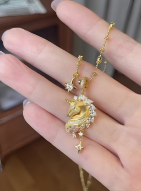 “以梦为马”金色拉丝独角兽十字架闪钻项链复古精致高级感锁骨链