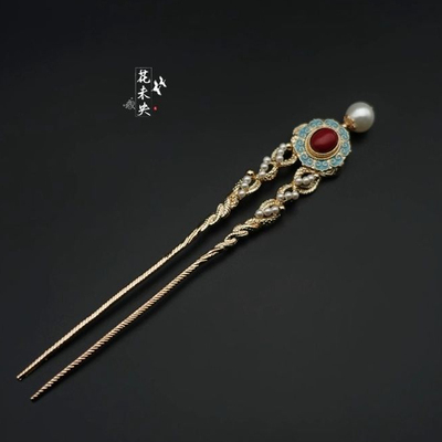 仿点翠烧蓝绞丝多宝蛋面发钗发簪花丝掐丝复古汉服秀禾服掩鬓簪子