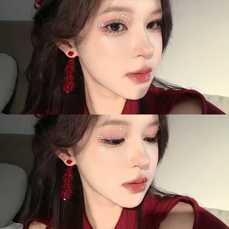 红色复古串珠长流苏耳环女夸张小众独特新年圣诞耳夹新娘耳夹耳饰