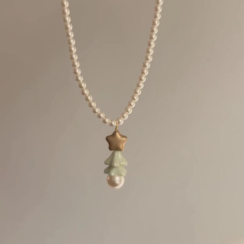 法式仿珍珠圣诞树项链女2025新款爆款秋冬毛衣链轻奢小众节日礼物