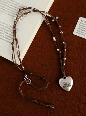 韩国简约小众爱心吊坠手工编织长项链复古气质高级串珠百搭毛衣链