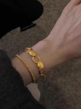 【环环相扣】vintage拼接椭圆形手链拉丝金绸缎光环手饰麻花手环