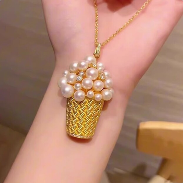 古法黄金色闪钻爆米花吊坠项链