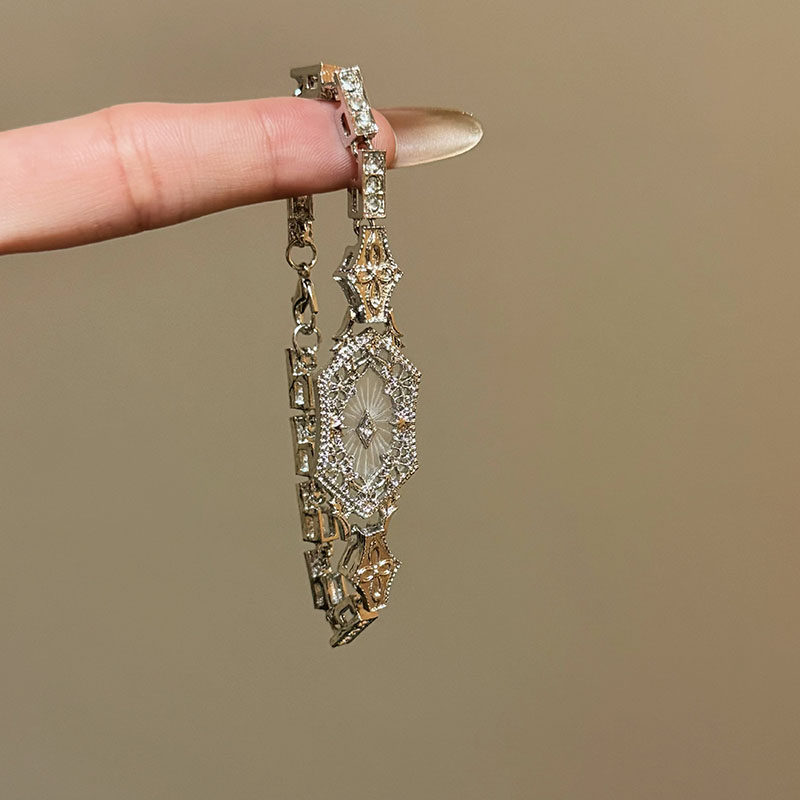 中古vintage闪锆蕾丝仿白水晶花窗手链女复古小众仿真钻石手环饰