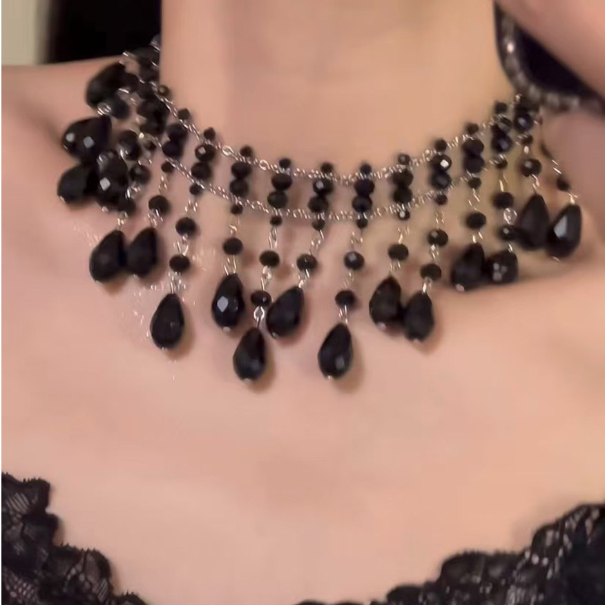 复古黑色轻奢串珠流苏锁骨链女