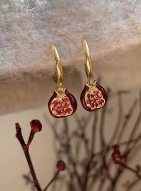 复古安哥拉红石榴滴釉吊坠耳环女新年喜庆秋冬法式小众高级感耳饰