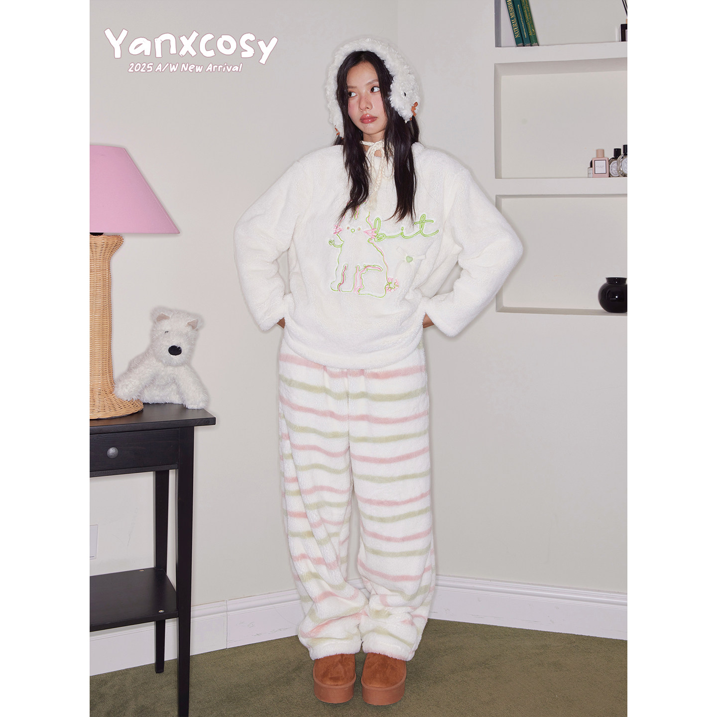 Yanxcosy2025新款秋冬雪妃绒原创兔子刺绣睡衣女家居服套装可外穿