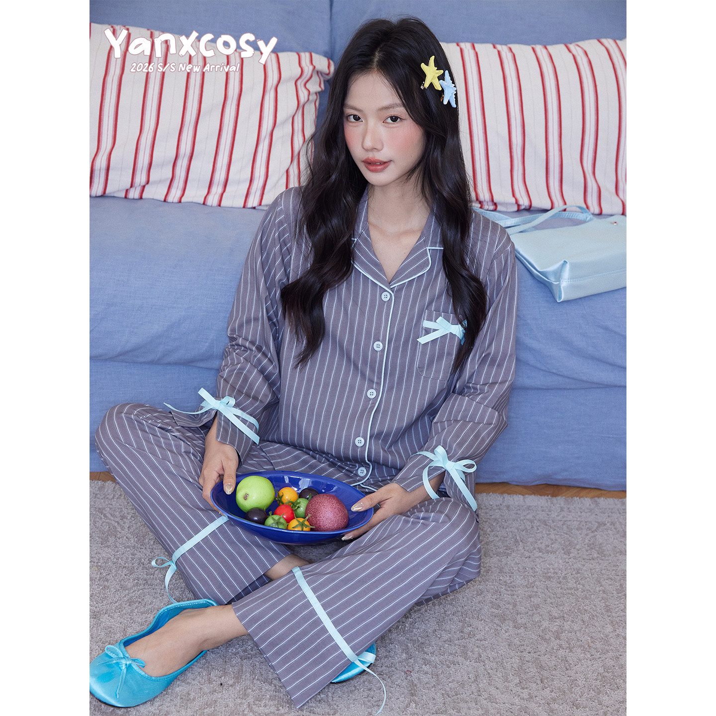 2026春夏条纹衬衫纯棉女睡衣套装