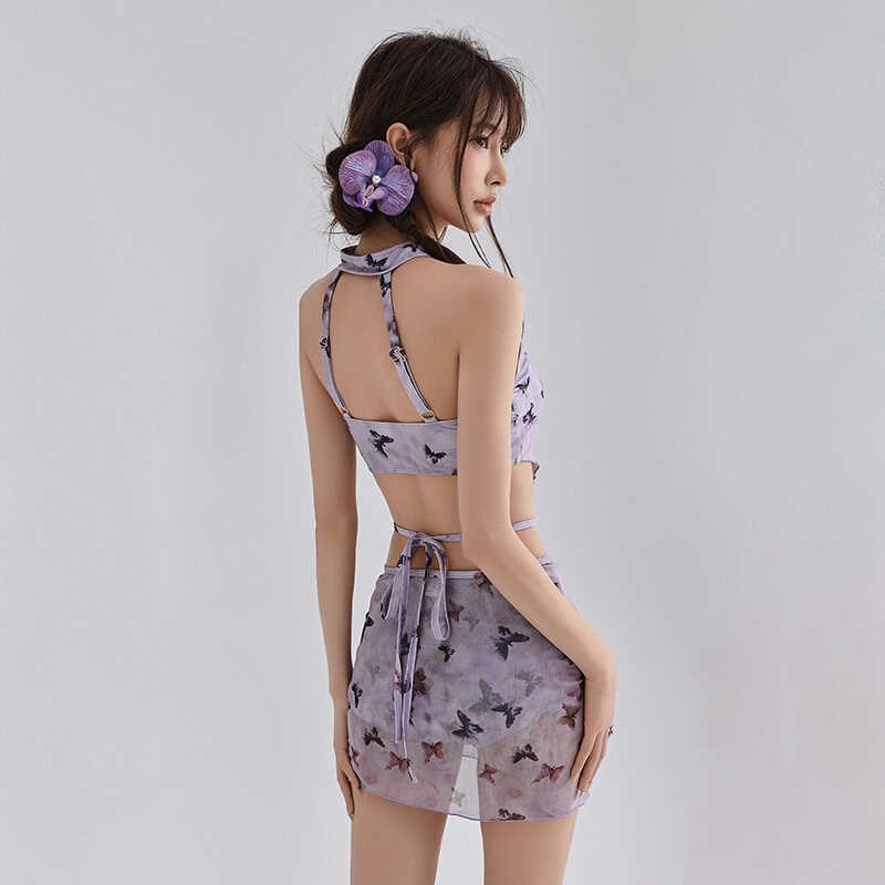 泳衣女夏季新款遮肚子显瘦性感露背中国风纯欲裙T式分体泳衣三件