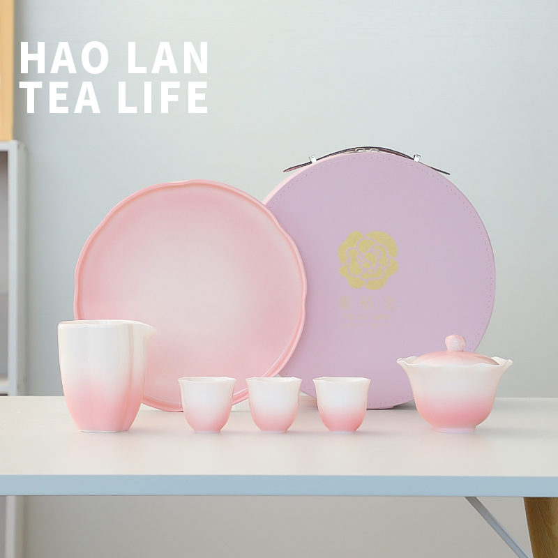 新款粉色花颜功夫茶具陶瓷盖碗茶盘喝茶杯家用办公送女生礼物套装