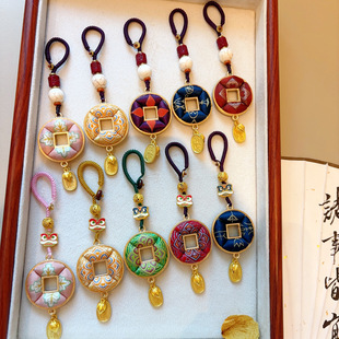 手工布艺挂件车挂包挂饰【财源滚滚】纯手工宋锦双面铜钱古钱币