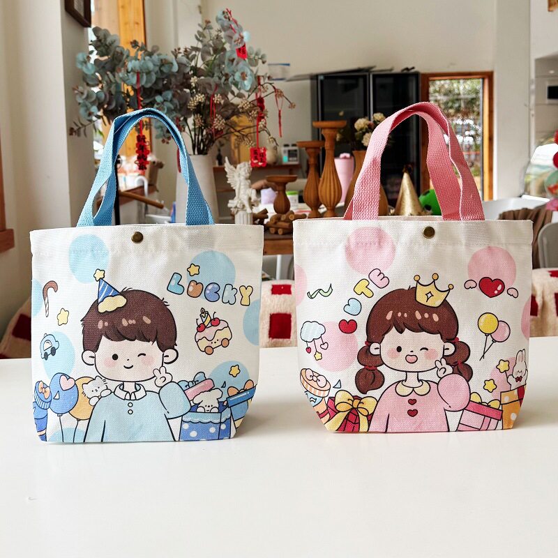 可爱插画水桶手提生日伴手礼妈咪便当袋上班小拎包童趣涂鸦帆布包