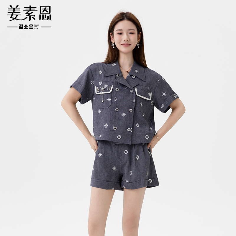 姜素恩25夏新时尚印花减龄西装套装女夏薄款女大学生小个子高级感