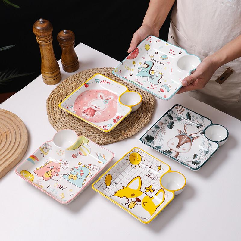 釉下彩卡通陶瓷饺子盘带蘸料醋碟创意可爱儿童水饺专用盘分格餐盘图片
