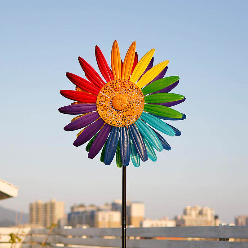 美式户外双面风车花园庭院装饰旋转铁艺别墅太阳能灯落地布置摆件