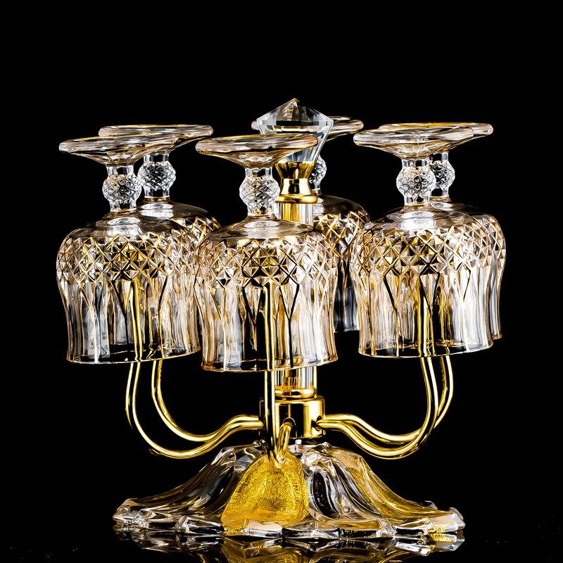 欧式描金威士忌酒杯洋酒杯u家用矮脚白兰地杯红酒杯高脚杯杯架套