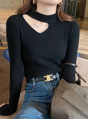 设计感小众露锁骨针织打底衫春秋冬新款女装内搭挂脖毛衣性感上衣