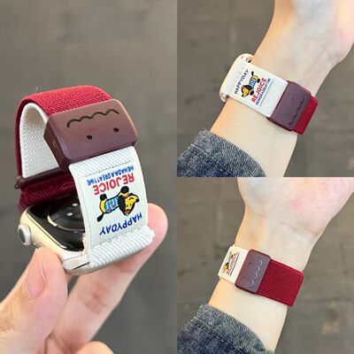 适用苹果手表iwatch10/11表带新款拼色可爱腊肠狗涂鸦编织磁吸链