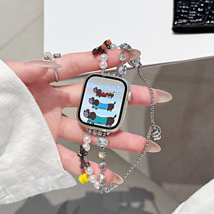 适用苹果s10手表表带iwatchs9金属链式applewatchs8/7/6/5透气腊肠狗ultra可爱创意女款se高级感时尚蝴蝶珍珠