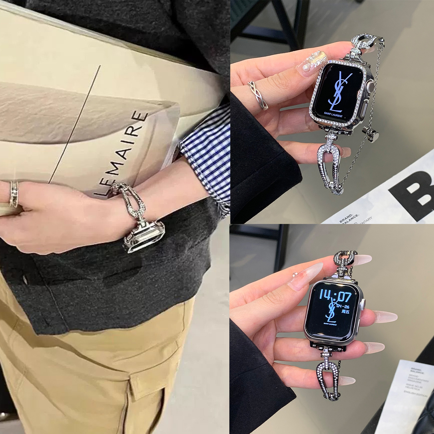 适用苹果s10手表表带iwatchs9马蹄手镯高级感applewatch8/7/6/5时尚小众手链se女款透气夏季41mm千金轻奢链式