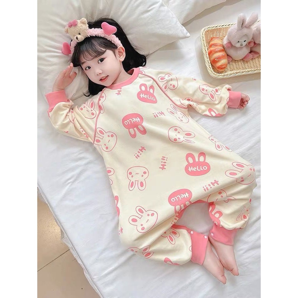 儿童连体睡衣长袖秋冬女孩春季家居服女童宝宝防踢护肚睡袋卡通兔