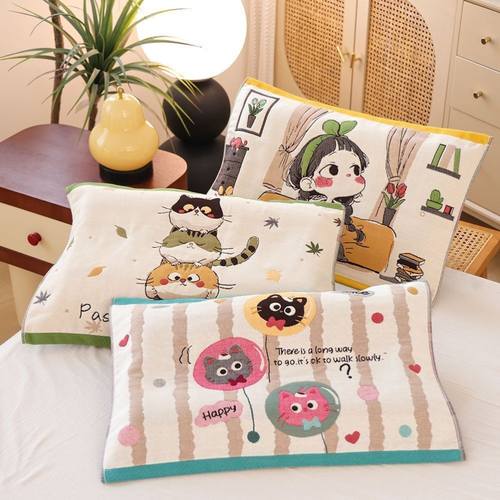 40*60儿童八层纯棉纯棉纱布枕巾一对装卡通可爱柔软透气全棉枕巾