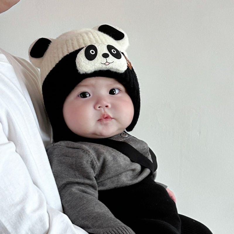 秋冬款婴儿保暖帽子超萌卡通熊猫宝宝毛线套头帽婴幼儿防风护耳帽